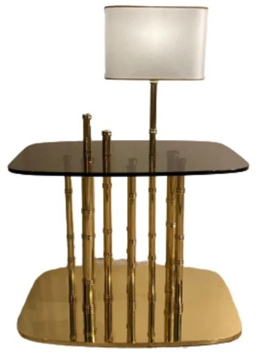 Luxury designer side table bamboo gold / black / white 70 x 45 x H. 40 cm - gold-plated brass bedside table with glass top and integrated table lamp - hotel furniture - luxury quality