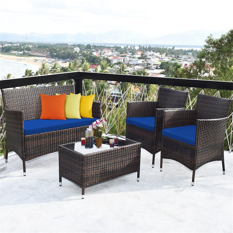 4 Pcs Outdoor Rattan Patio Conversation Set Wicker Furniture Set with Coffee Table and Cushion Sofas