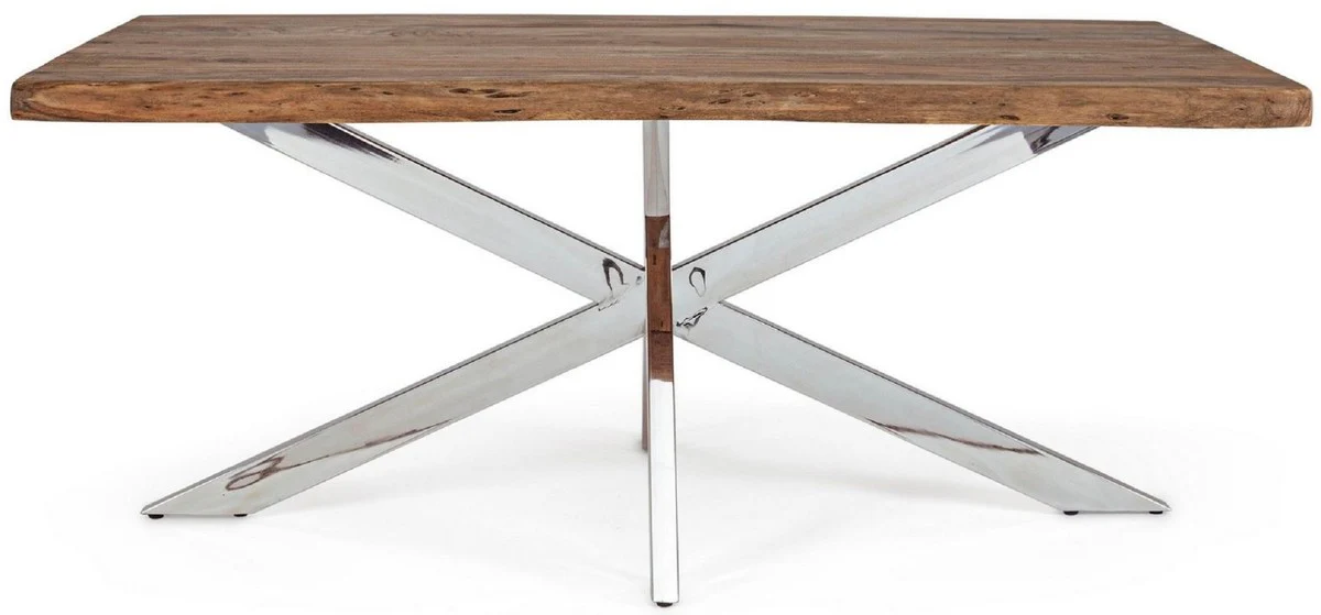 Luxury dining table brown / silver 180-260 x 90 x H. 77 cm - Extendable kitchen table with solid wood table top and stainless steel legs - Dining room furniture - Kitchen furniture - Luxury furniture