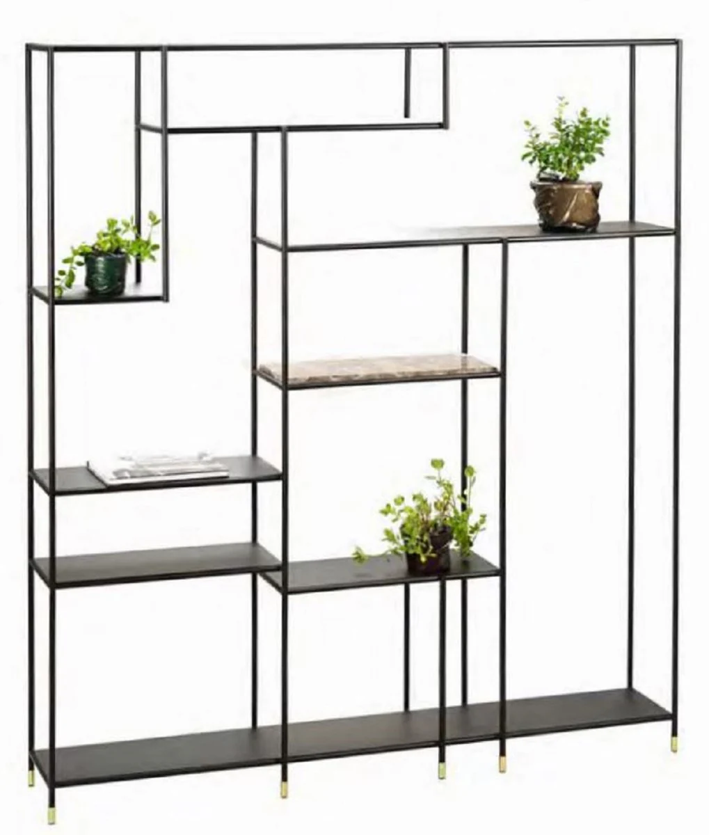 Luxury metal shelf cabinet with Emperador marble top black / gray / brass 180 x 30 x H. 200 cm - living room cabinet - bookcase - metal furniture