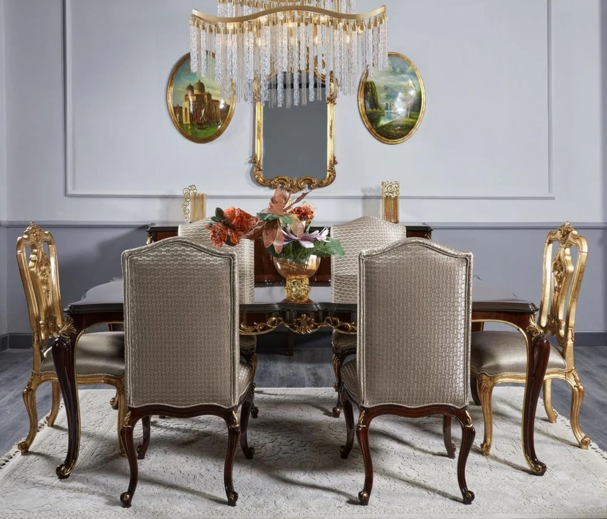 Luxury Baroque Dining Room Set Dark Brown / Silver / Gold - Baroque Dining Room Furniture