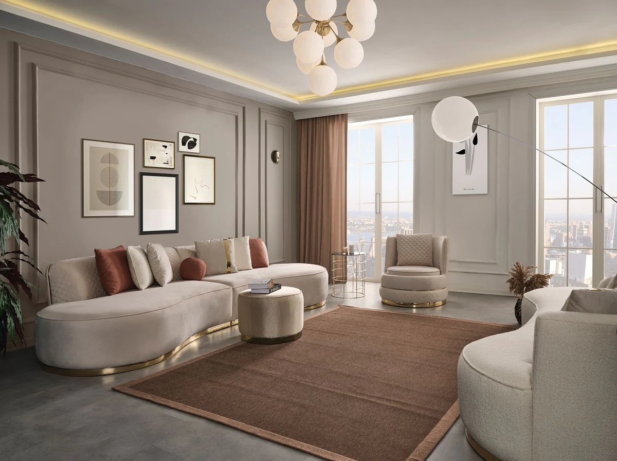 Luxury velvet 4 seater sofa cream / gold 330 x 120 x H. 76 cm - living room sofa with elegant velvet fabric - living room furniture - luxury furniture - living room furnishings - luxury furnishings