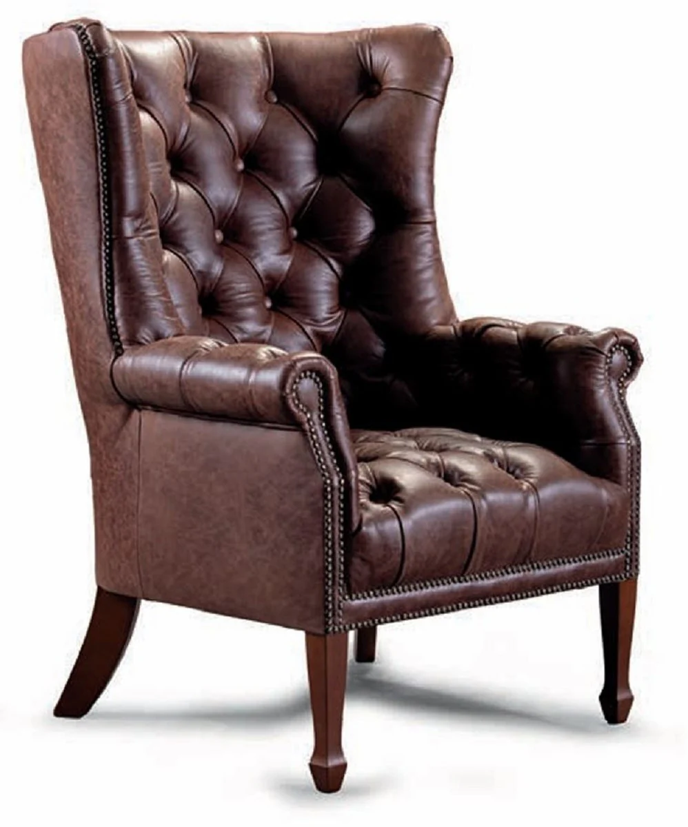 Luxury Chesterfield genuine leather wing chair brown - leather furniture