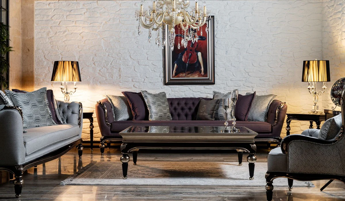Luxury Baroque Sofa Purple / Black / Silver - Handmade Living Room Sofa - Baroque Living Room Furniture