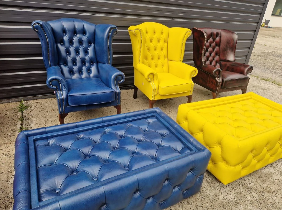 Luxury Chesterfield wing chair yellow / dark brown 98 x 90 x H. 110 cm - genuine leather Chesterfield living room armchair - living room furniture - Chesterfield furniture - luxury leather furniture