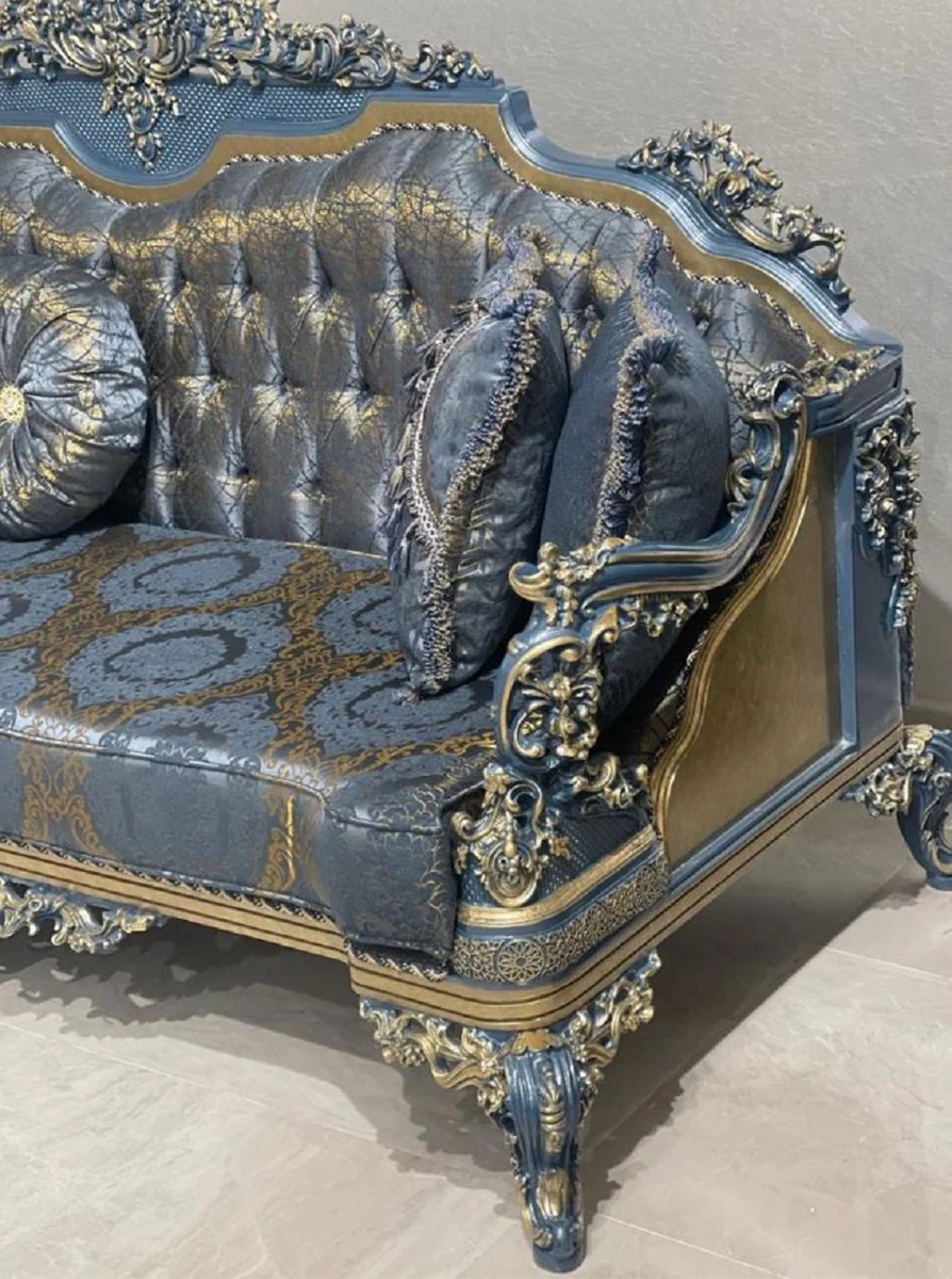 Luxury Baroque Living Room Set Blue / Gold - 2 Baroque Sofas & 2 Baroque Armchairs & 1 Baroque Coffee Table - Luxury Living Room Furniture in Baroque Style - Baroque Furniture - Noble & Ornate