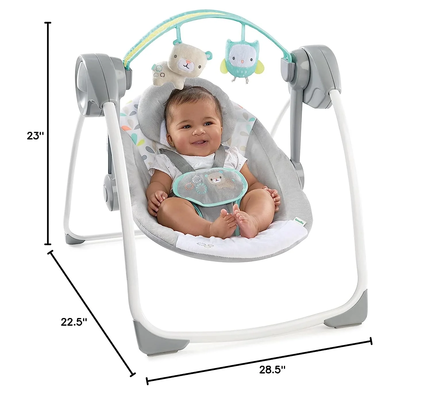Ingenuity Soothe 'n Delight, kompakte, tragbare 6-Gang-Plüsch-Babyschaukel mit Musik, einfach zusammenklappbar, 0–9 Monate, 28–9 kg (Cozy Kingdom)