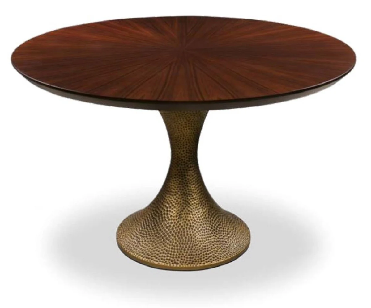 Luxury dining table brown / antique gold Ø 160 x H. 76 cm - Round kitchen table with elegant oak veneer table top and table leg in a hammered look - Luxury dining room furniture