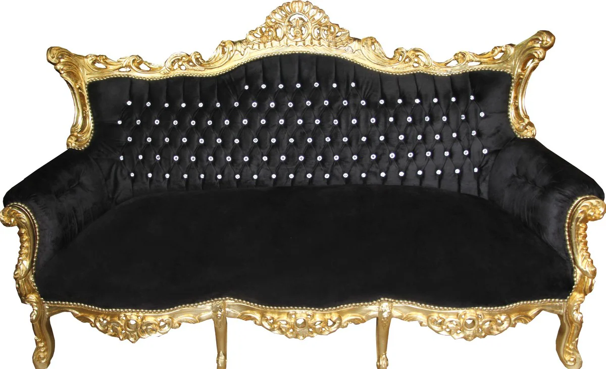 Baroque 3-seater sofa Master black / gold with bling bling glitter stones - living room furniture couch lounge