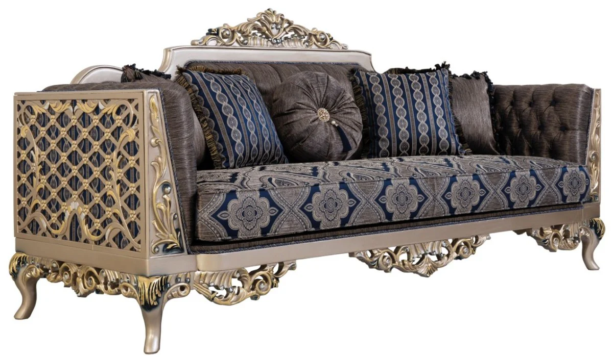 Luxus Barock Wohnzimmer Set Blau / Silber / Gold - 2 Sofas & 2 Sessel & 1 Couchtisch - Prunkvolle Barock Wohnzimmer Möbel