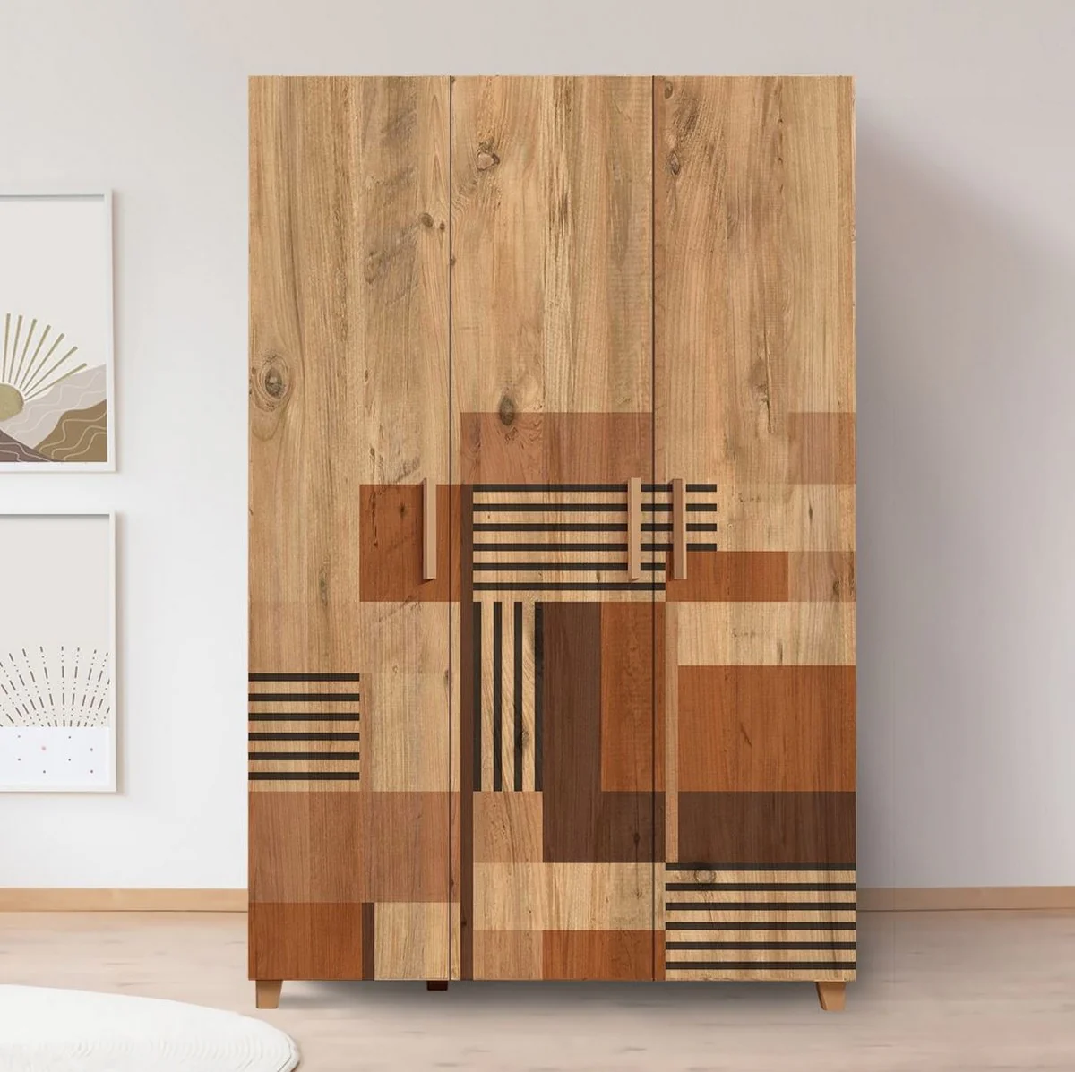 Luxury bedroom wardrobe natural colors / brown 120 x 48 x H. 189 cm - solid wood wardrobe with 3 doors - bedroom furniture - hotel furniture - luxury furniture