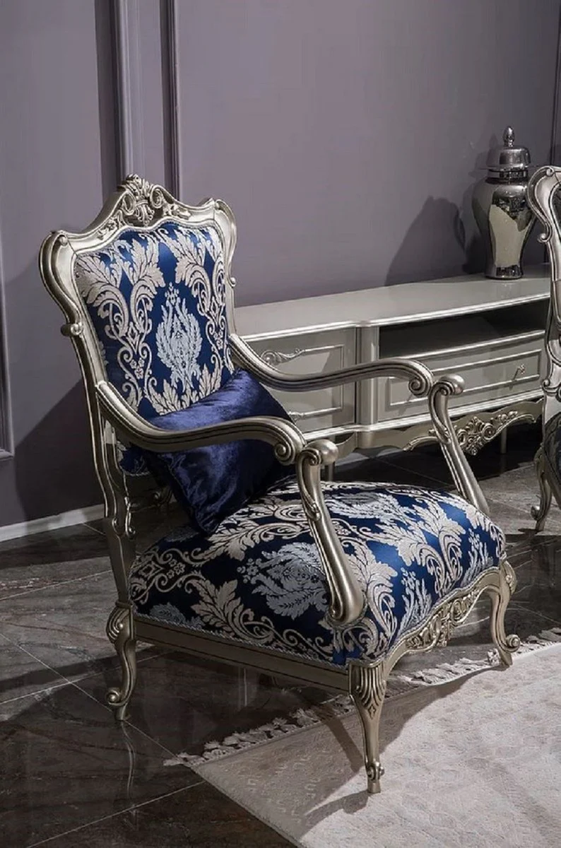 Luxury baroque living room set blue / pink / silver - 2 baroque sofas & 2 baroque armchairs & 1 baroque coffee table - living room furniture in baroque style - baroque furniture - baroque furnishings
