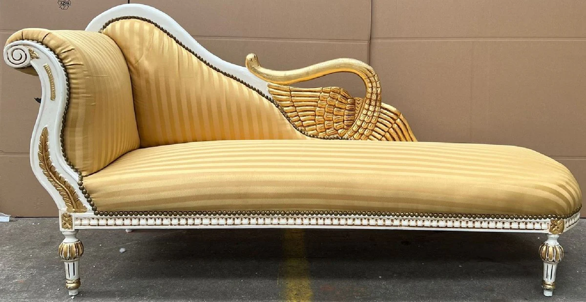 Baroque Chaise Longue Left Side Gold / White / Gold - Handmade Solid Wood Recamiere with Stripes - Baroque Living Room Furniture - Noble & Magnificent