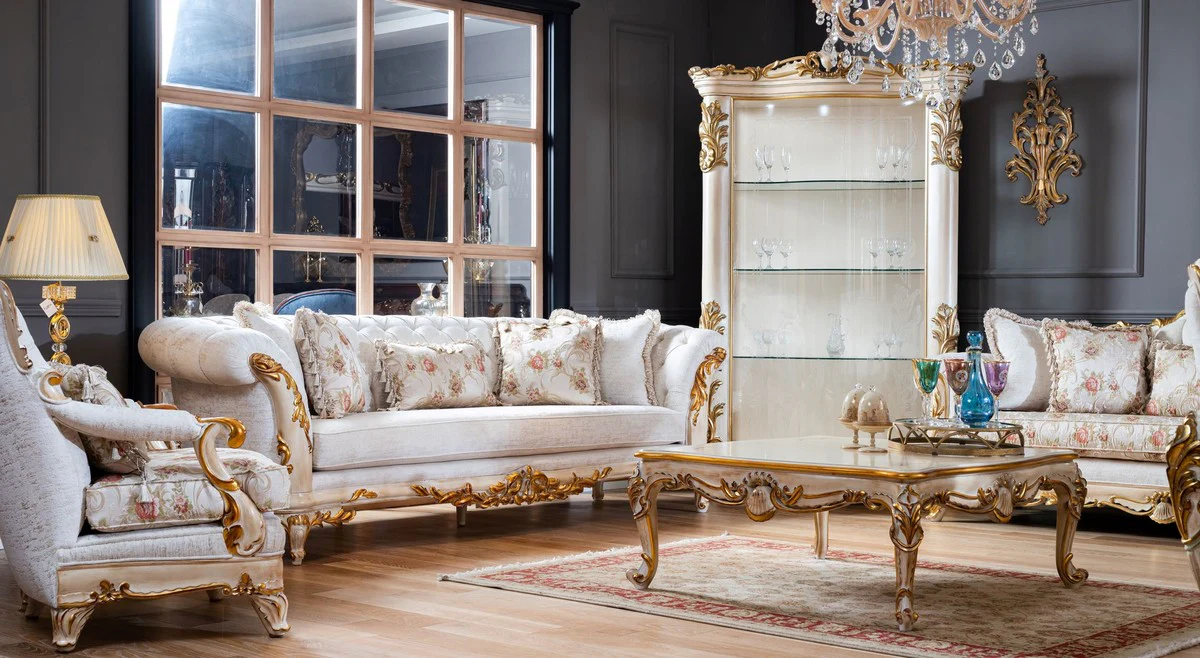 Luxury baroque display cabinet white / beige / gold - handmade solid wood display cabinet with glass door - baroque furniture