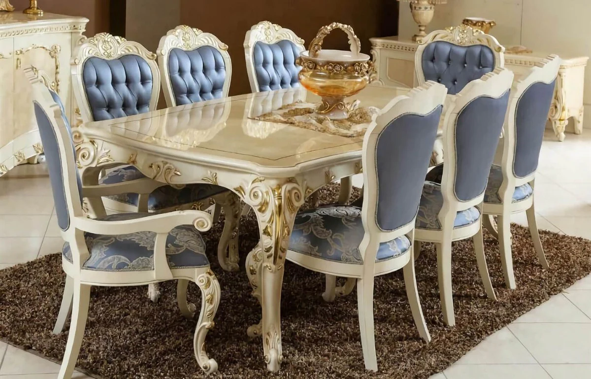 Luxury Baroque Dining Room Set Blue / White / Gold - 1 Baroque Dining Table & 6 Baroque Dining Chairs - Baroque Dining Room Furniture - Luxury Furniture in Baroque Style - Noble & Magnificent