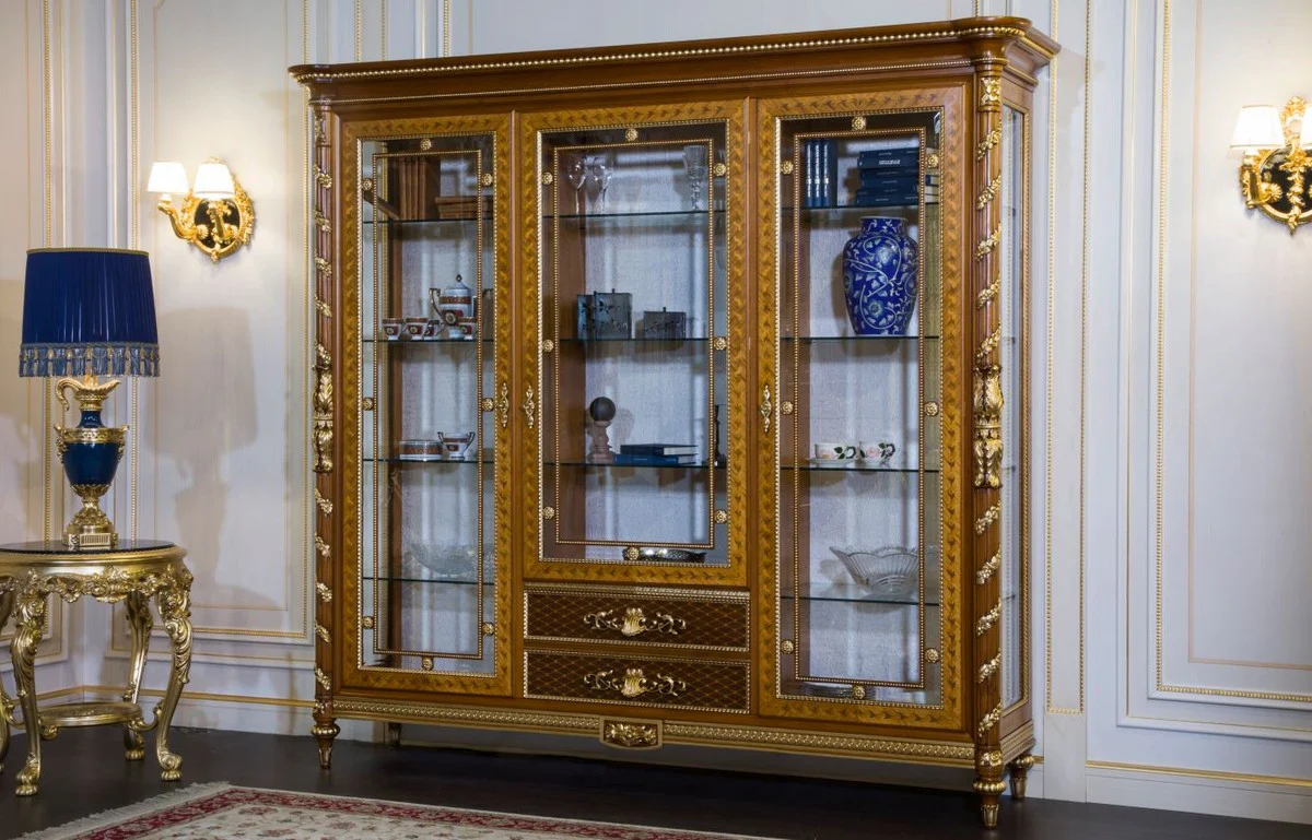 Luxury baroque display cabinet light brown / brown / gold 239 x 57 x H. 221 cm - Magnificent solid wood display cabinet with 3 glass doors - Hotel Restaurant Castle Furniture - Luxury Quality - Made in Italy