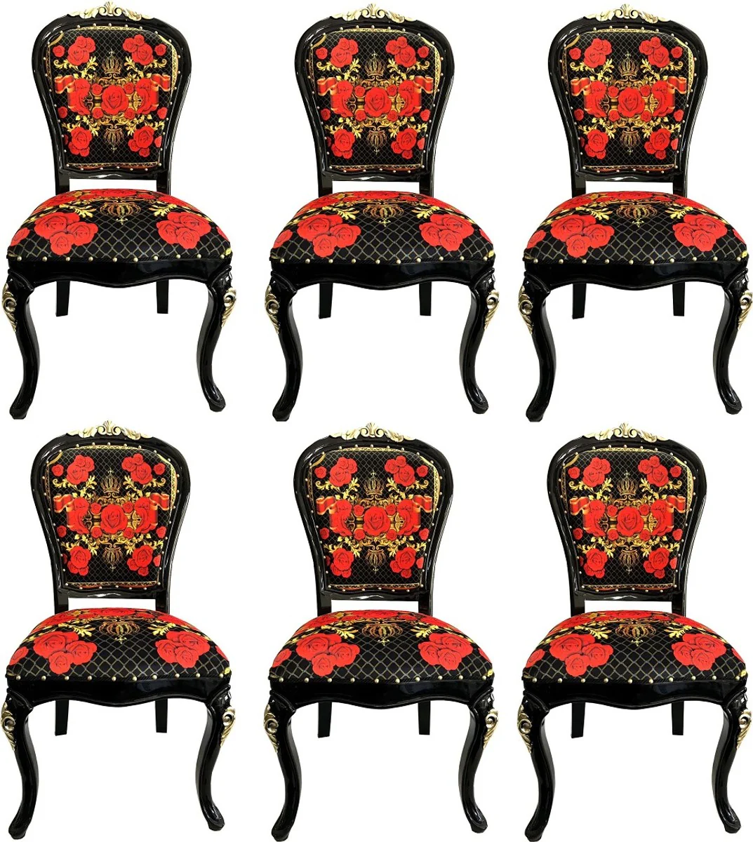 Pompöös by Luxury Baroque Dining Room Chairs Roses Black / Red / Gold - Dining Room Set - 6 Pompöös Baroque Chairs designed by Harald Glööckler