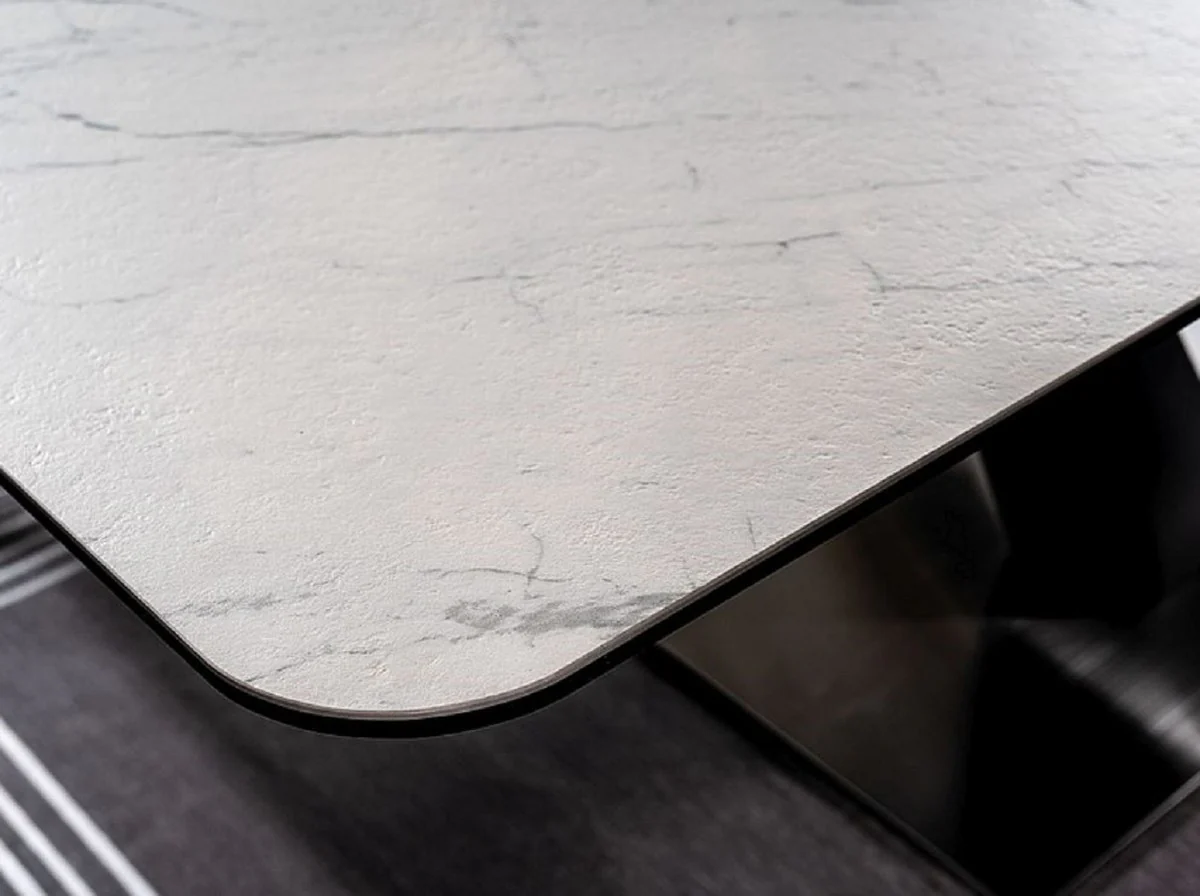 Luxury dining table with tempered glass ceramic table top in marble look white / matt black / silver 160-220 x 90 x H. 76 cm - Extendable kitchen table - Dining room furniture - Luxury furniture