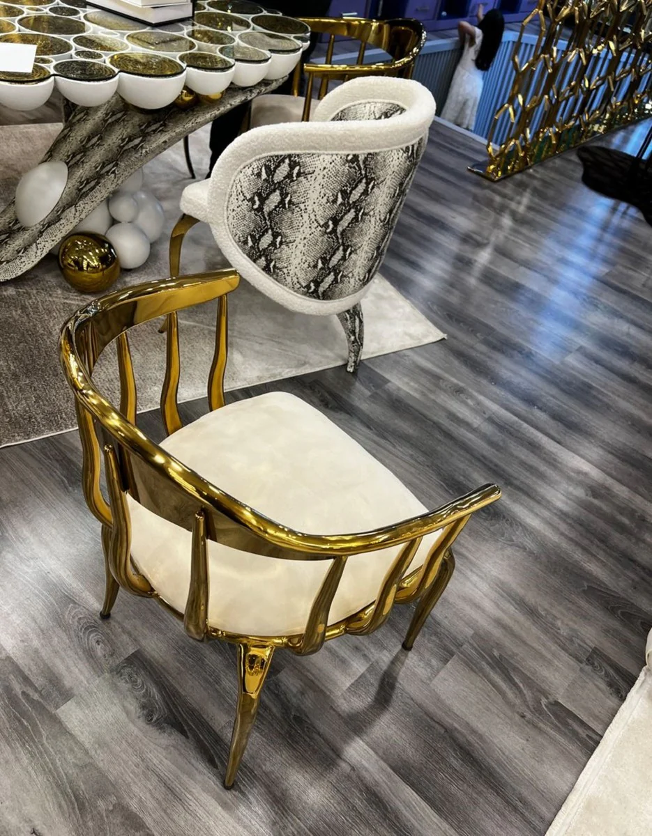 Luxury designer dining room chair with armrests cream / gold 57 x 57 x H. 82 cm - Dining room furniture - Luxury furniture - Hotel & restaurant furniture - Designer furniture