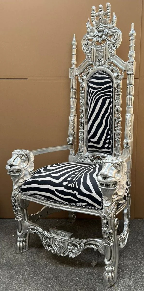 Barock Thron Sessel Schwarz / Weiß / Silber - Prunkvoller Barockstil Königssessel mit edlem Samtstoff im Zebra Design - Barockstil Hochzeitssessel - Barock Riesensessel - Barock Möbel