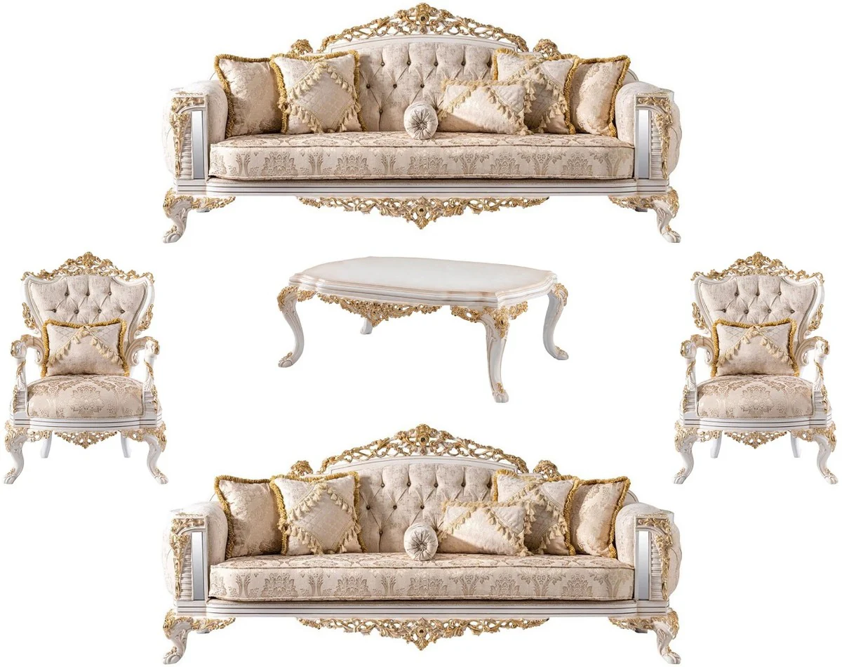 Luxus Barock Wohnzimmer Set Beige / Weiß / Gold - 2 Barock Sofas & 2 Barock Sessel & 1 Barock Couchtisch - Luxus Wohnzimmer Möbel im Barockstil - Barock Möbel - Edel & Prunkvoll