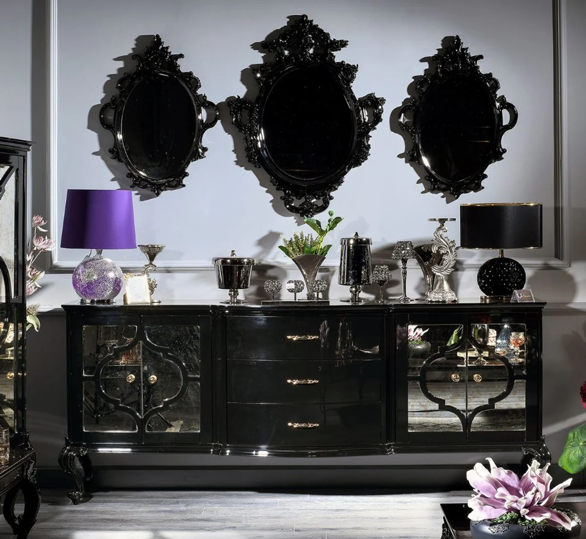 Luxury baroque living room set black / gold - magnificent chest of drawers and 3 wall mirrors - baroque furniture - luxury quality