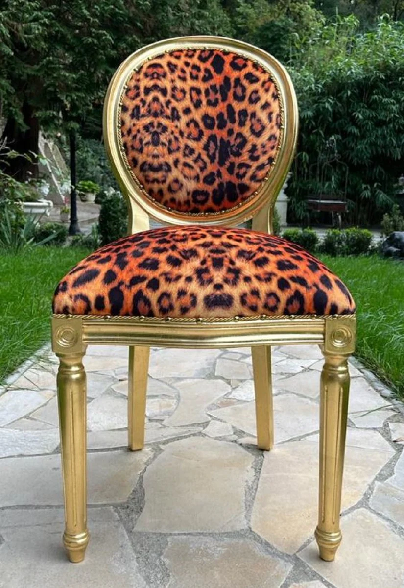 Luxus Barock Esszimmer Stuhl Leopard / Gold - Handgefertigter Barockstil Stuhl mit edlem Kunstfell - Esszimmer Möbel im Barockstil - Barock Möbel - Barock Einrichtung