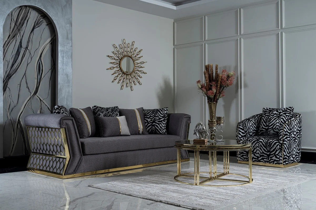 Luxury Sofa Dark Gray / Gold - Elegant Living Room Sofa with Decorative Pillows - Luxury Living Room Furniture