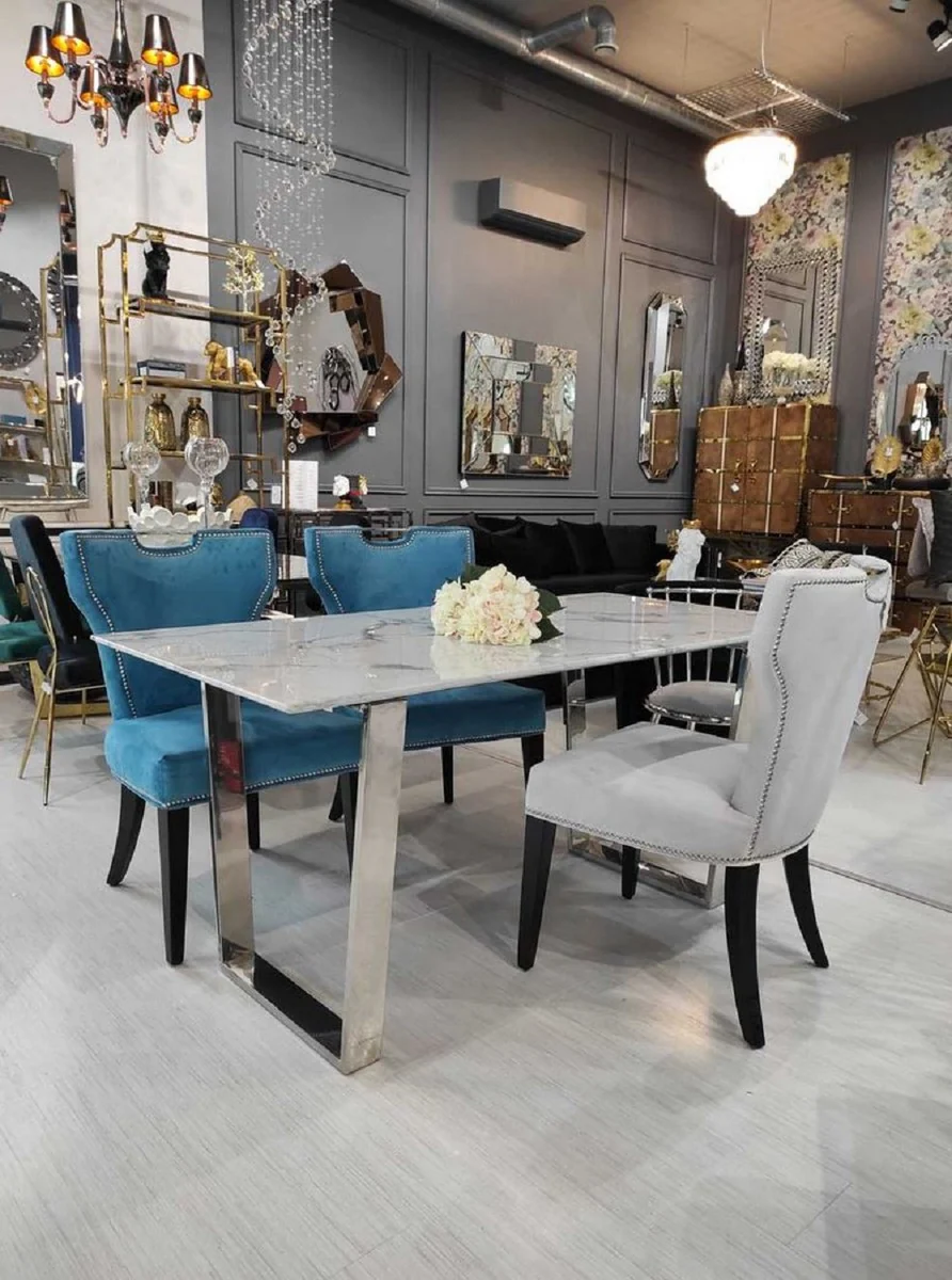 Luxury dining table white / silver 160 x 80 x H. 75 cm - Dining room table with artificial marble table top - Dining room furniture - Luxury furniture - Luxury furnishings