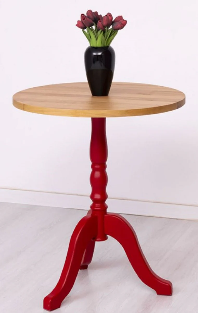 Country house style dining table natural colors / red Ø 70 x H. 78 cm - Round solid wood kitchen table - Dining room furniture in country house style - Solid wood dining room furniture - Country house style furniture