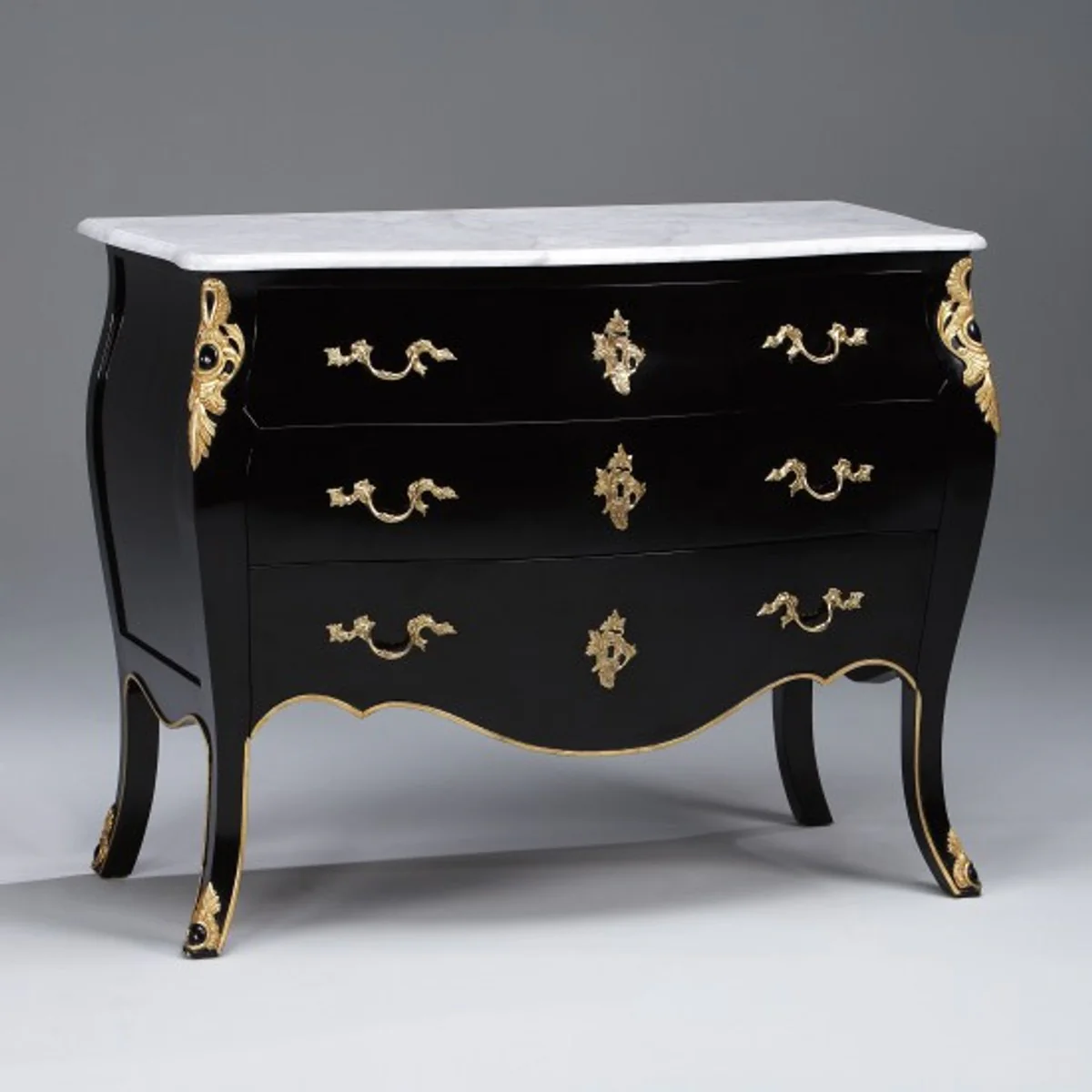 Baroque chest of drawers black with gold applications and marble top 120cm - luxury collection