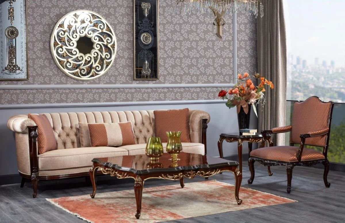 Luxury Baroque Chesterfield Sofa Beige / Dark Brown - Magnificent Living Room Sofa - Baroque Style Living Room Furniture - Luxury Furniture in Baroque Style - Baroque Furnishings - Noble & Magnificent