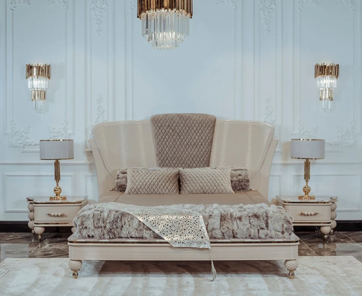 Luxury Art Deco double bed beige / gray / gold - noble solid wood bed with headboard - Art Deco bedroom & hotel furniture - luxury collection