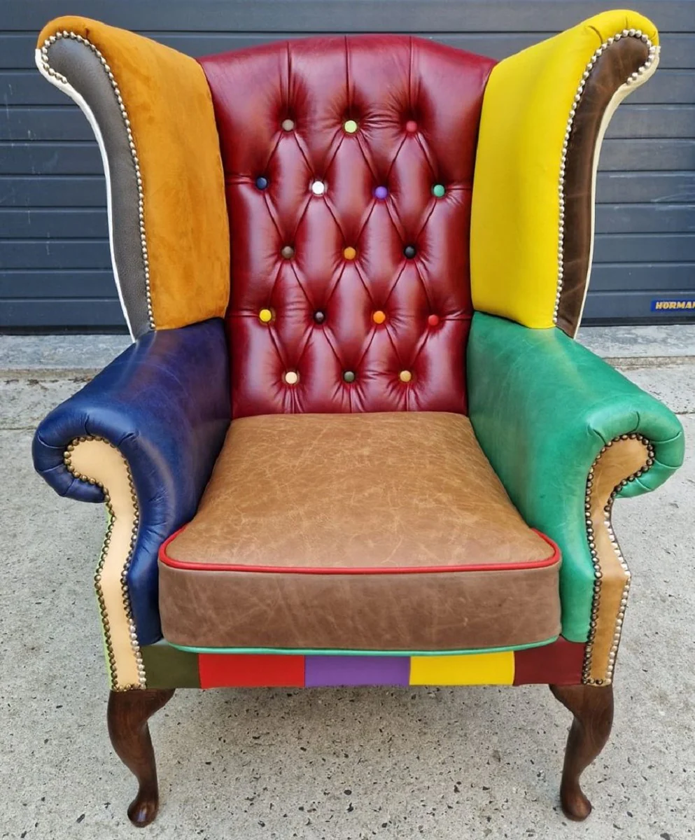 Luxury Chesterfield wing chair multicolored / dark brown 98 x 90 x H. 110 cm - genuine leather Chesterfield living room armchair - living room furniture - Chesterfield furniture - luxury leather furniture