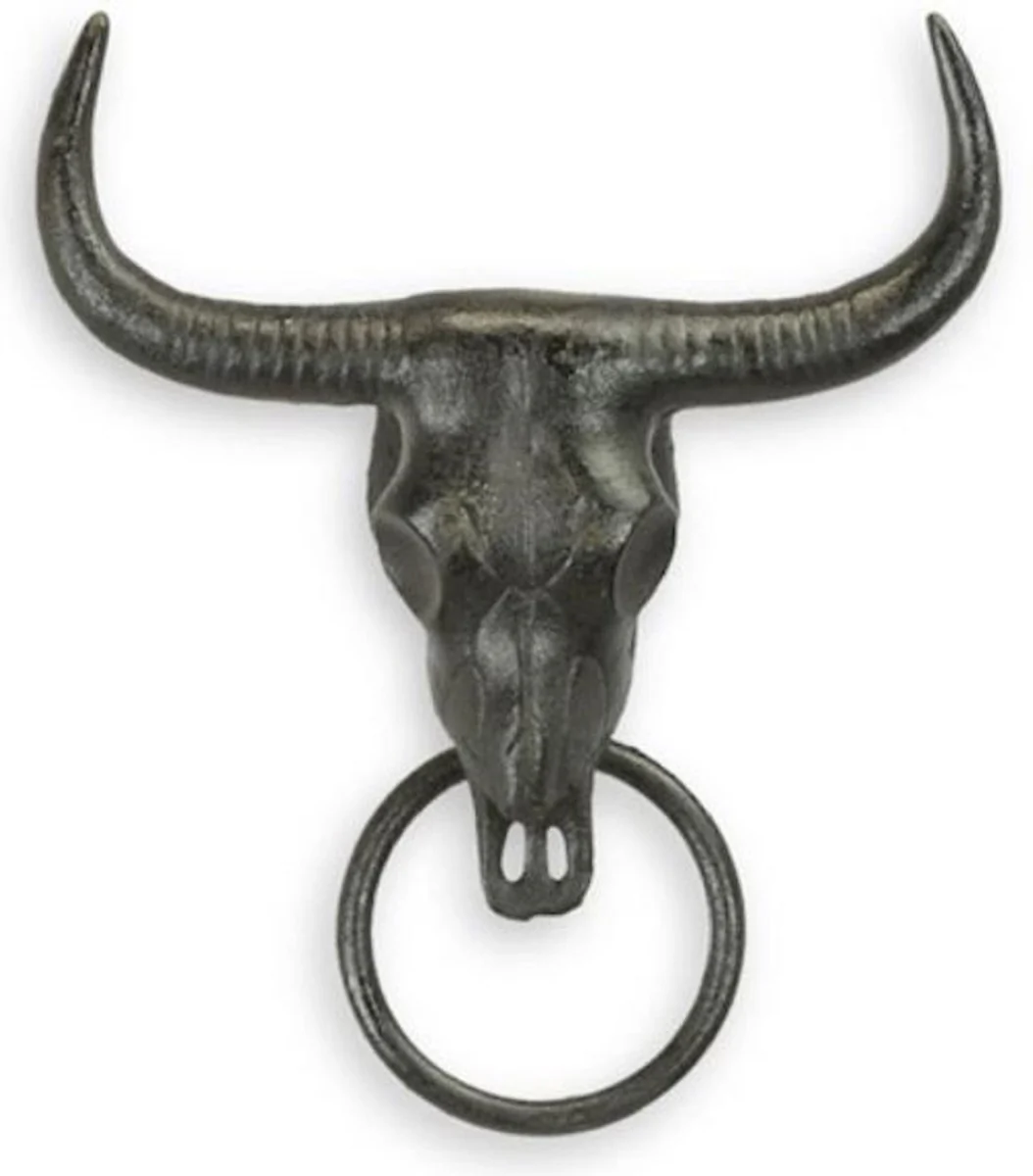 Cast iron wall towel holder bull skull with ring black 19.6 cm - towel holder - bathroom accessories