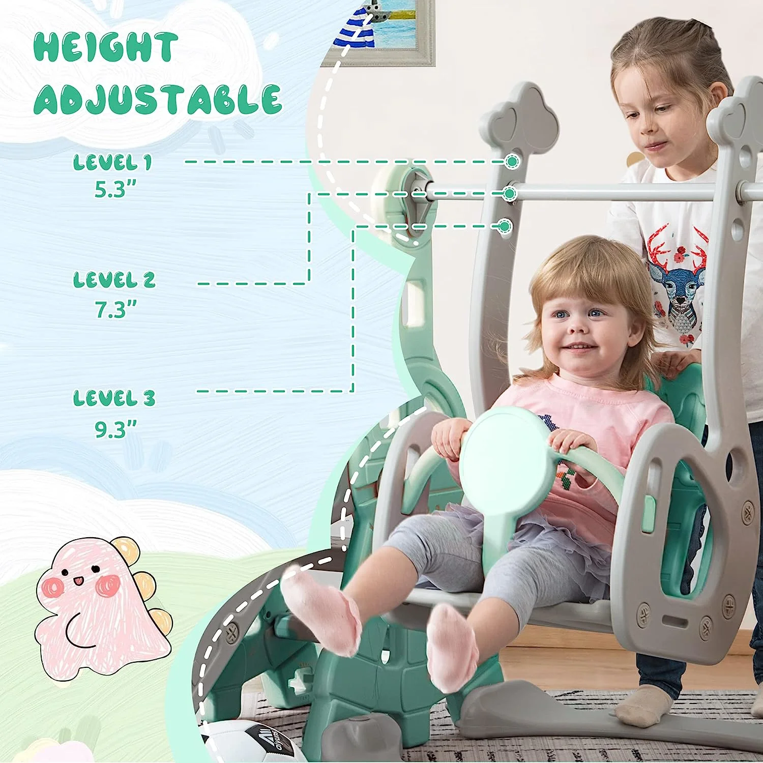 Merax 4-in-1-Rutsche für Kleinkinder, Indoor-Rutsche und Schaukel-Set für Kinder, freistehende Outdoor-Rutsche mit Basketballkorb (grüne Schaukelrutsche)