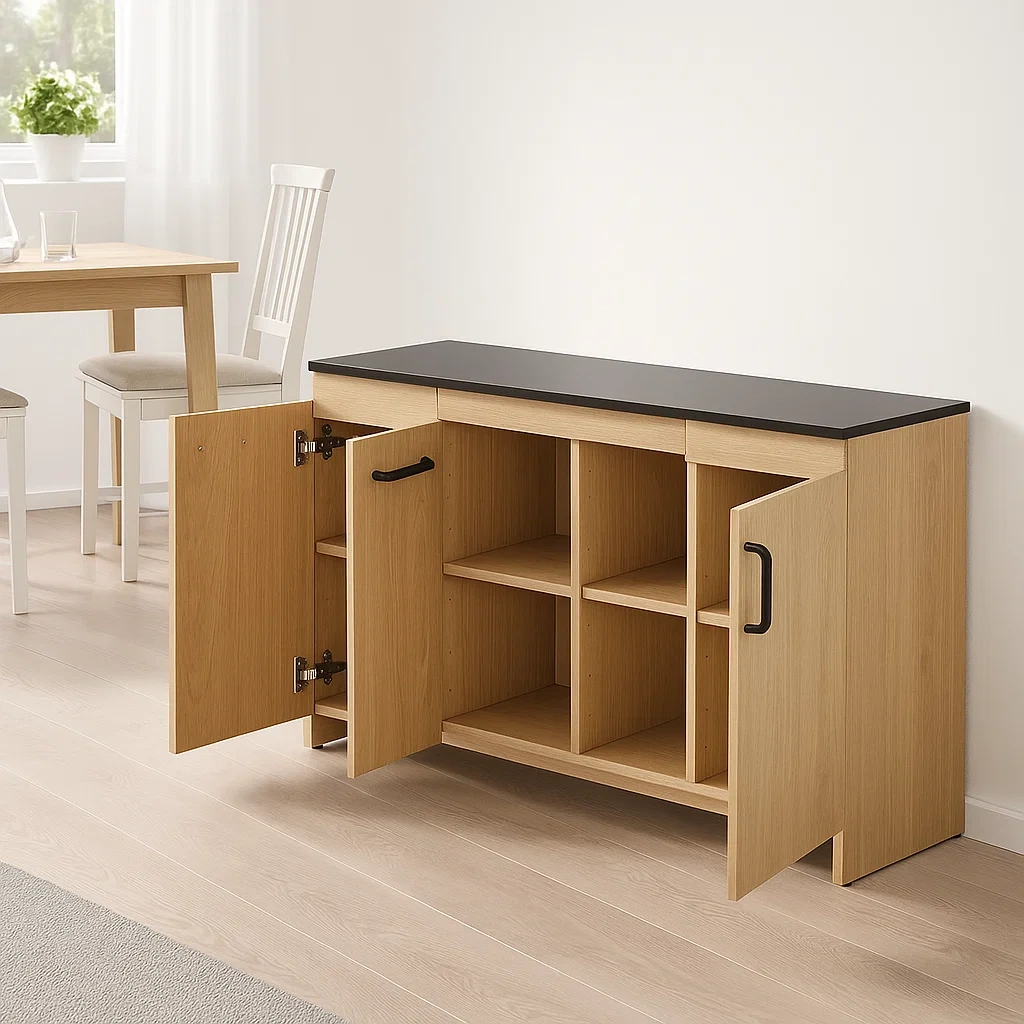 Rechteckige Kücheninsel mit offenen Fächern und MDF-Türen, helle Eichenfarbe und schwarze Arbeitsplatte, ohne Rollen, 120 x 40 x 80 cm, für funktionale Küchen - 08oNX0ehy6dP