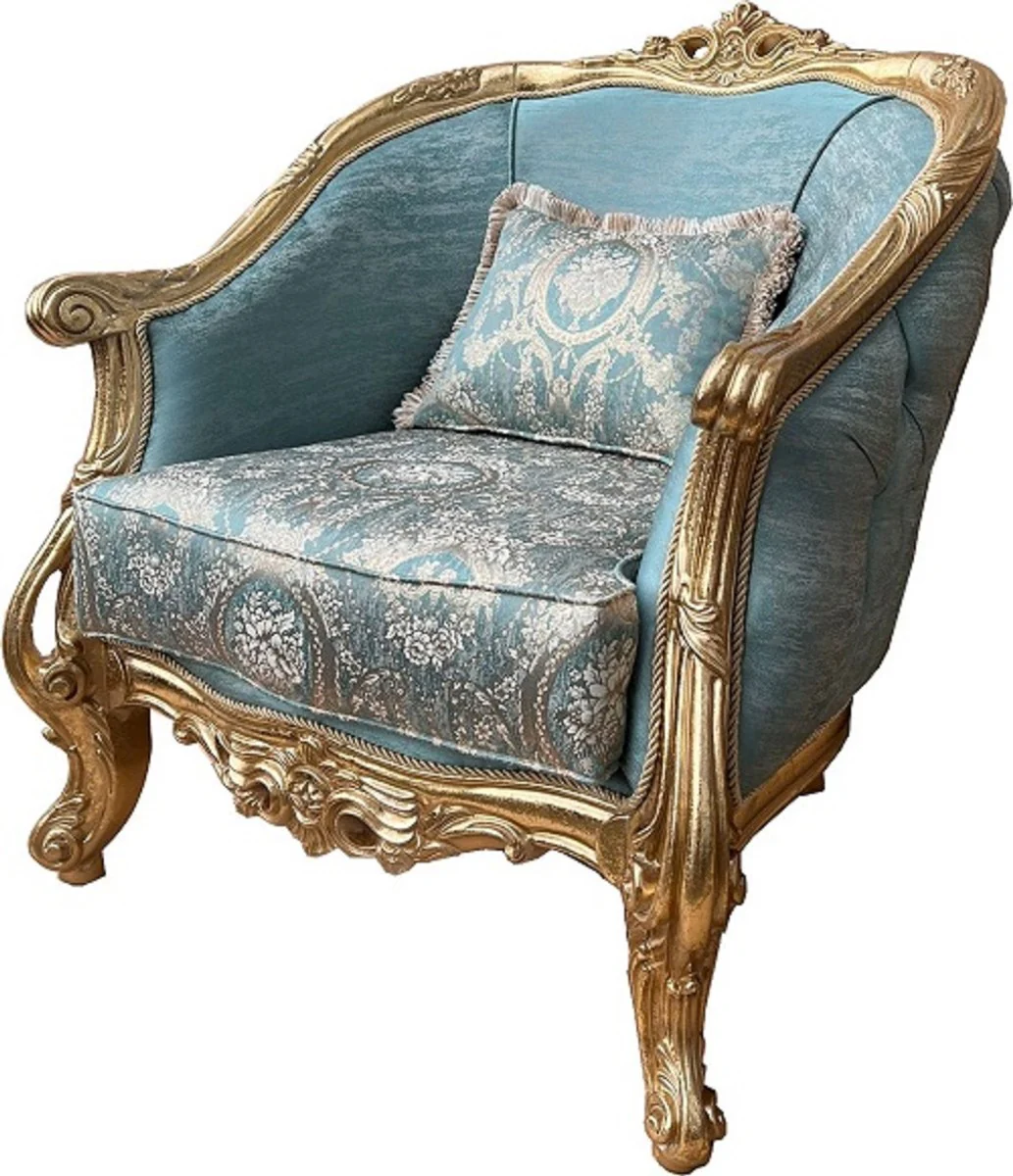 Luxury Baroque Living Room Set Turquoise Pattern / Gold - 2 Baroque Sofas & 2 Baroque Armchairs & 1 Baroque Coffee Table - Luxury Living Room Furniture in Baroque Style - Baroque Furniture - Noble & Magnificent