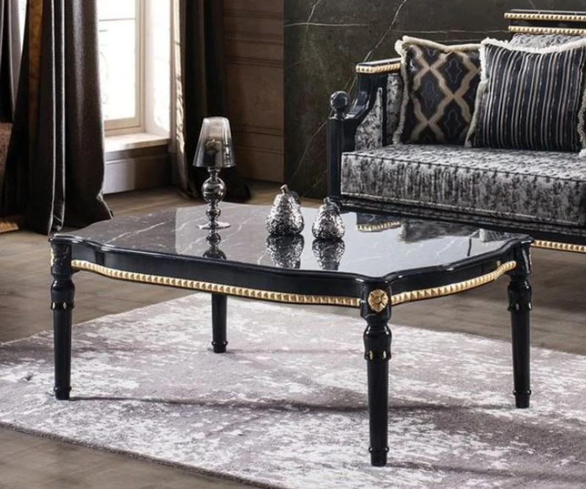 Luxury baroque coffee table black / gold 115 x 75 x H. 45 cm - Rectangular living room table with glass top in marble look - Elegant living room furniture in baroque style