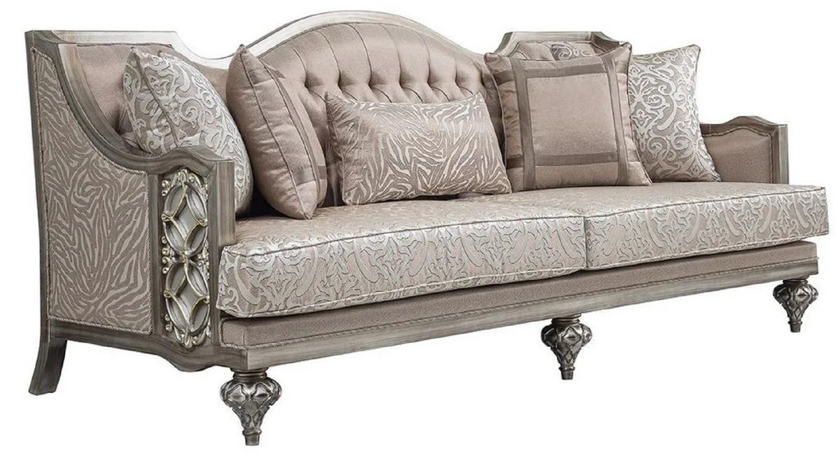 Luxury Baroque Living Room Sofa Pink / Silver - Handcrafted solid wood sofa with elegant pattern and decorative pillows - Living room furniture in baroque style
