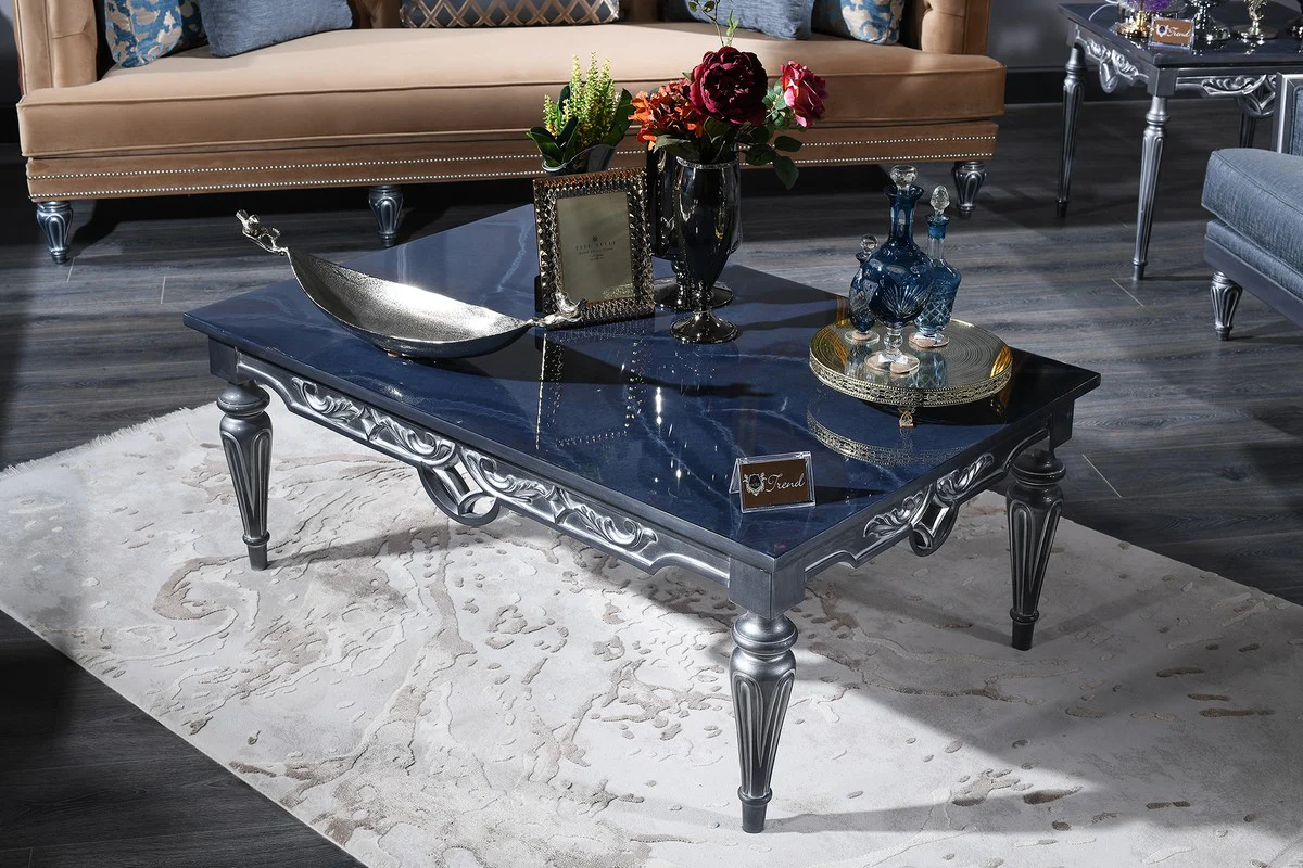 Luxury baroque coffee table blue / silver 143 x 94 x H. 44 cm - living room table in baroque style