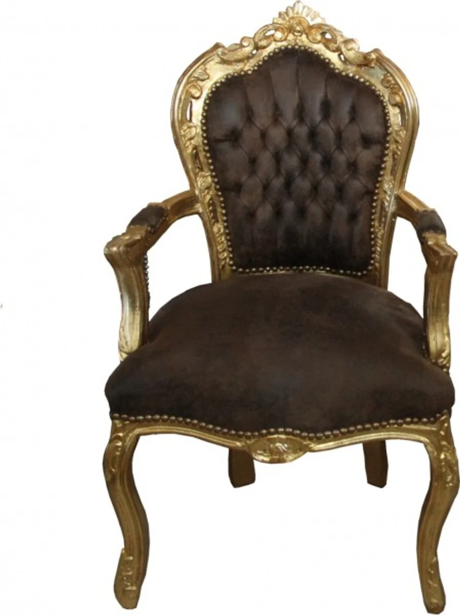 Baroque dining room chair with armrests brown / gold leather look