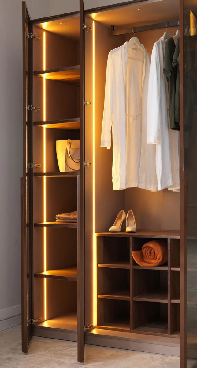 Luxury bedroom wardrobe dark brown 360 x 62 x H. 230 cm - Illuminated wardrobe with 8 glass doors - Bedroom furniture - Hotel furniture - Luxury furniture