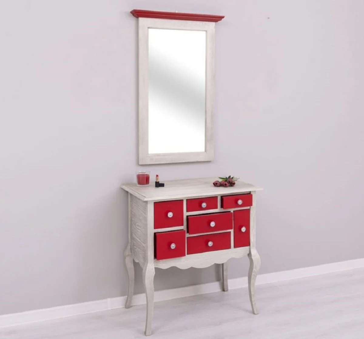 Country house style chest of drawers with mirror light gray / red - solid wood cabinet with wall mirror - country house style wardrobe furniture