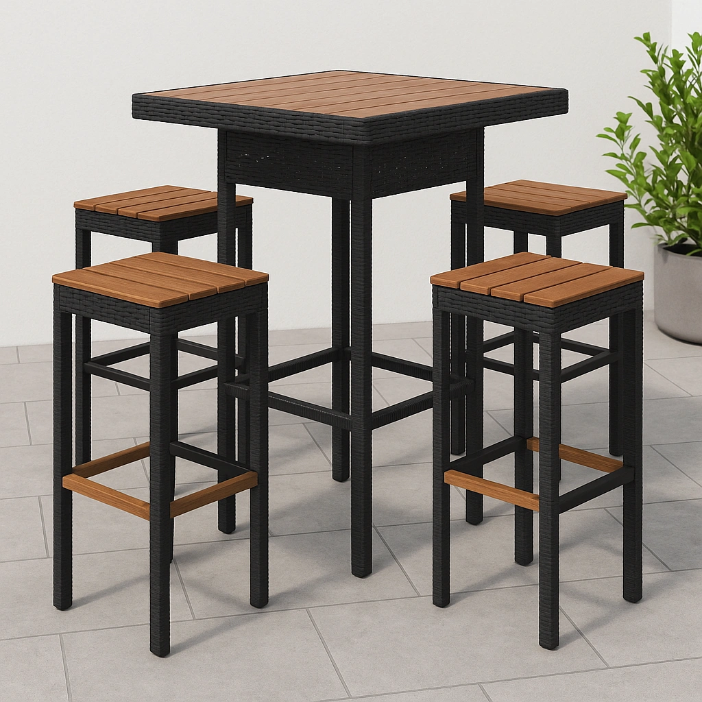 Hoher Bartisch und Barhocker-Set, schwarz/Kunstholz/Rattan, für die Terrasse