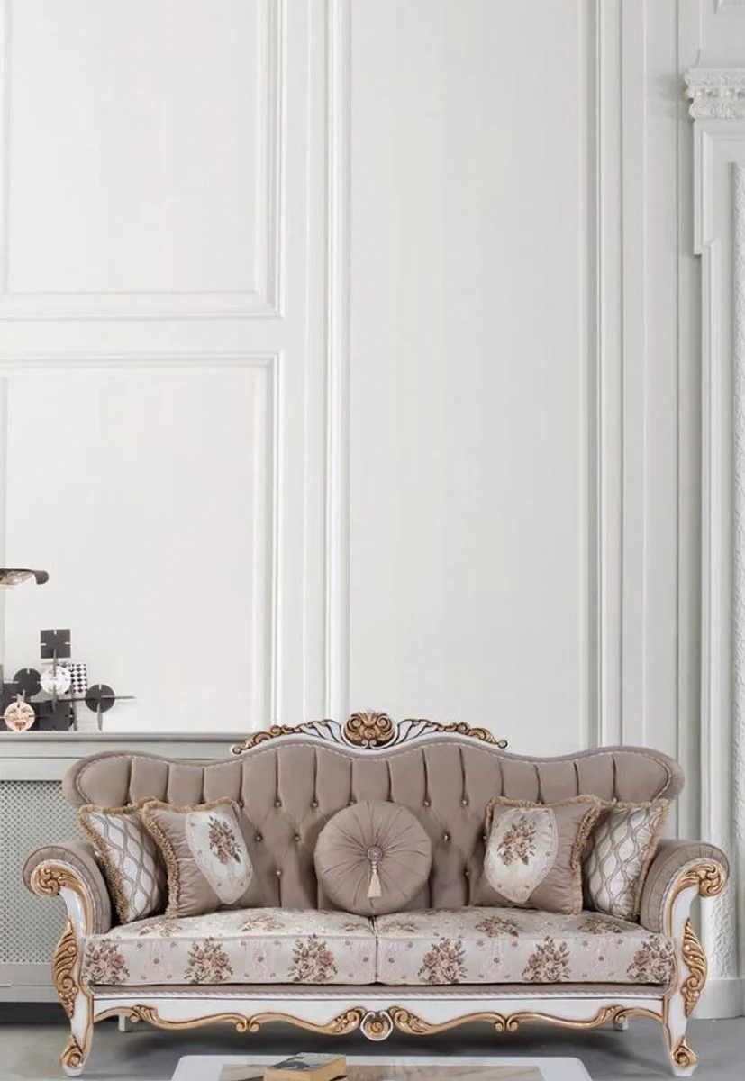 Luxury baroque sofa with cushions gray / multicolored / white / bronze 232 x 87 x H. 101 cm - living room couch with floral pattern and beautiful decorations