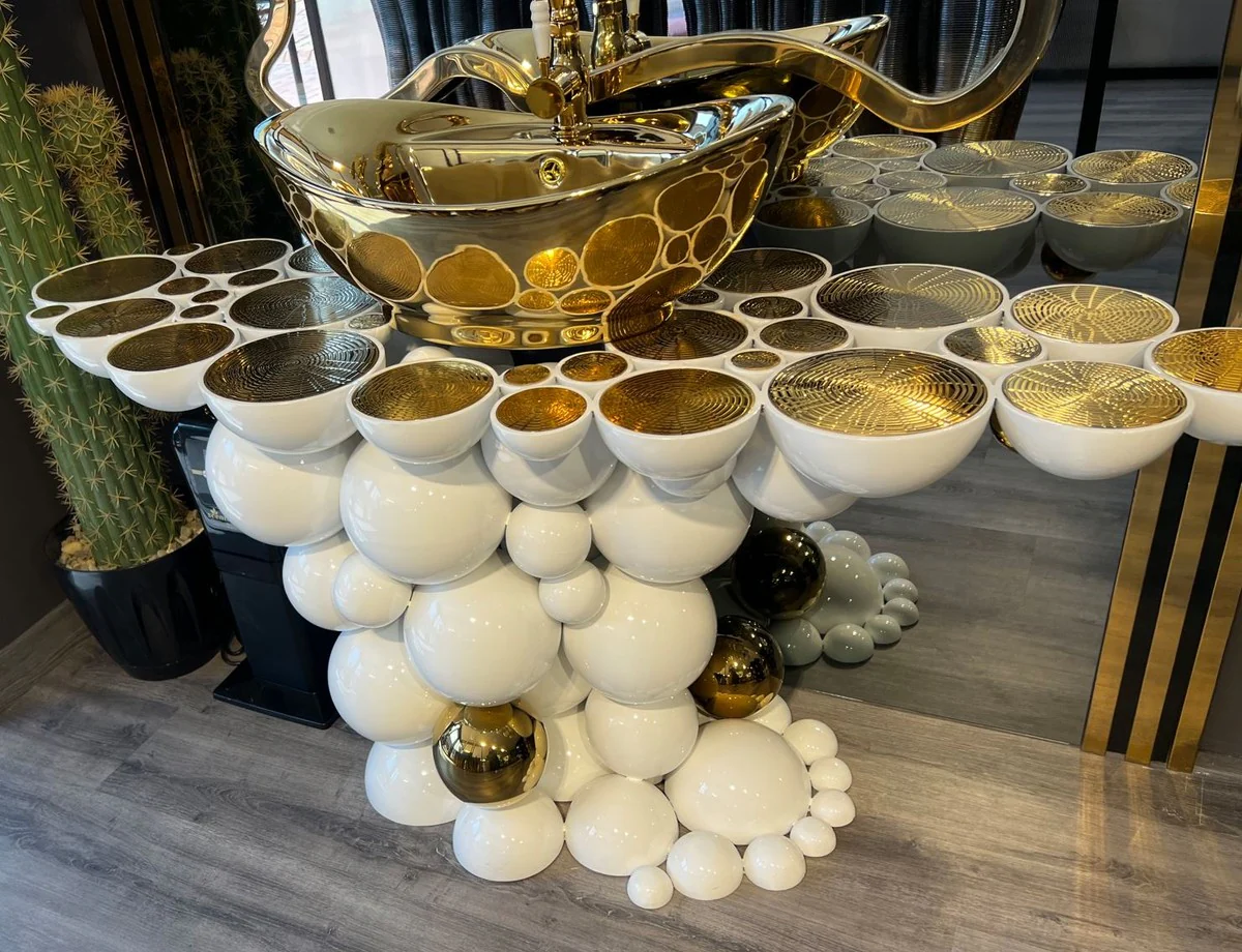 Luxury designer bathroom set white / gold 150 x 58 x H. 70 cm - 1 washbasin with sink and fitting - bathroom furniture - luxury furniture - designer furniture