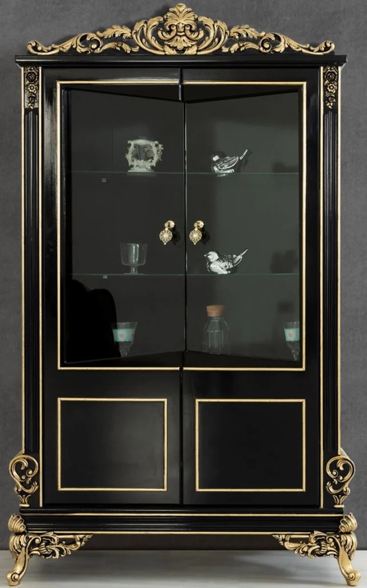 Luxury baroque living room display cabinet black / gold 130 x 55 x H. 210 cm - Magnificent baroque display cabinet with 2 glass doors - Noble baroque furniture