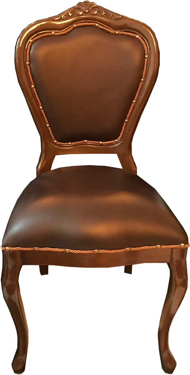 Baroque Luxury Real Leather Dining Chair Brown / Brown - Handmade furniture with real leather