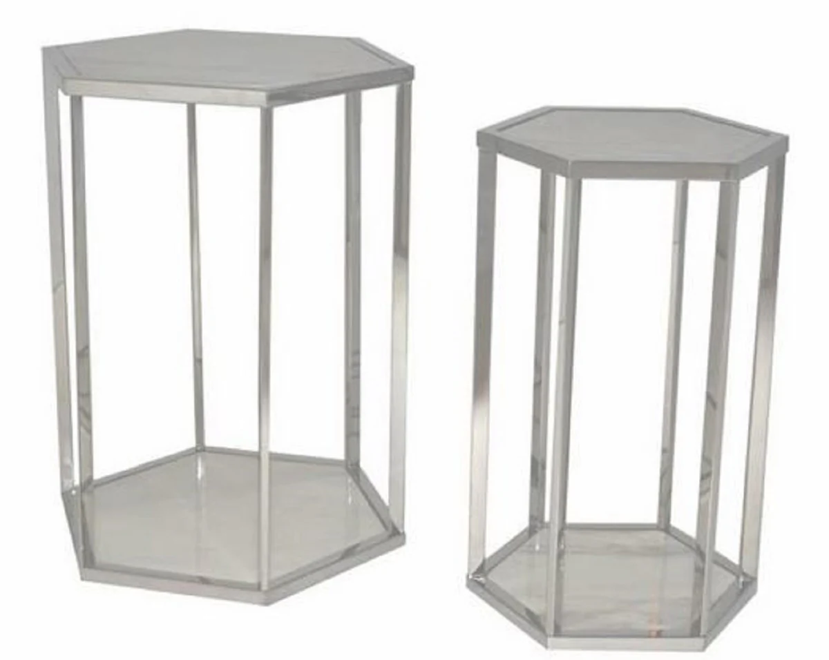 Luxury side table set silver / white - stainless steel tables with marble tops - luxury collection